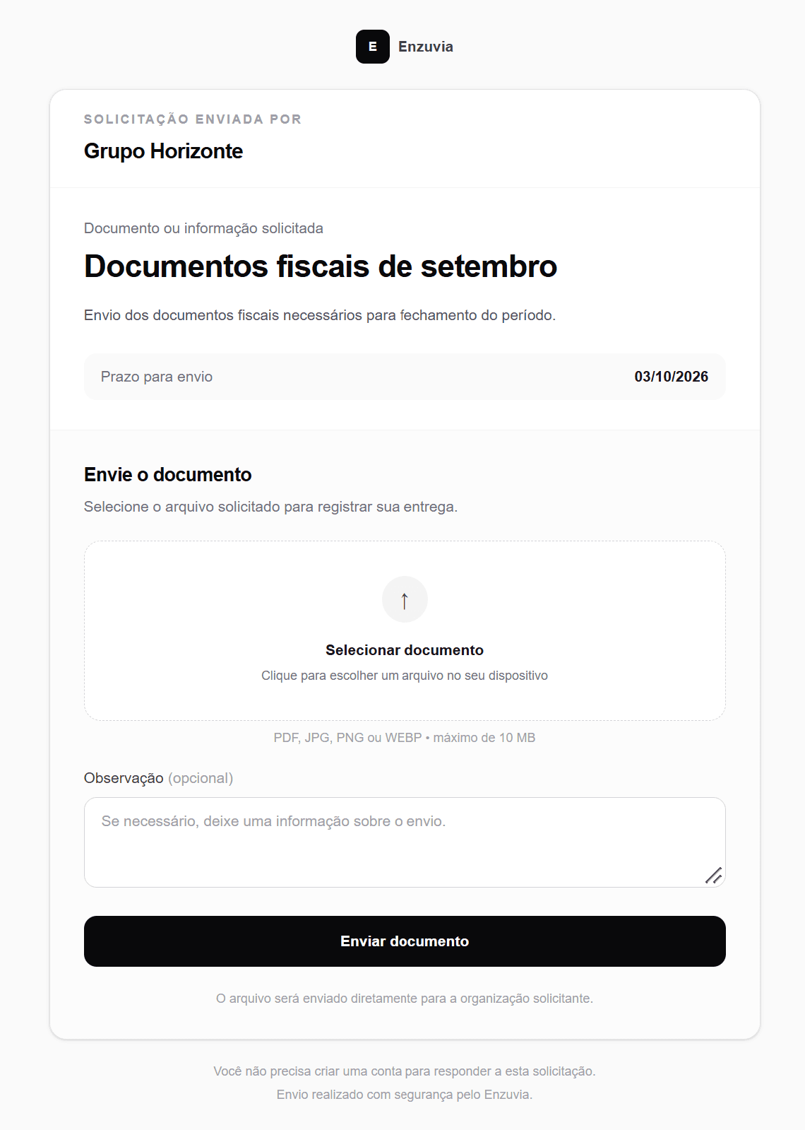 Página pública de envio do Enzuvia